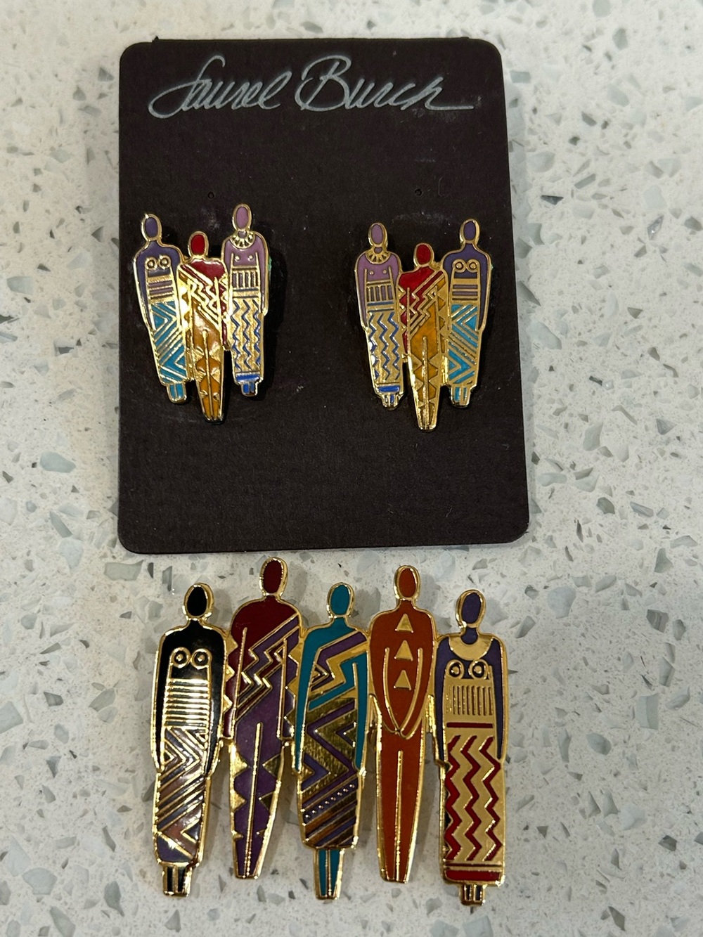 Laurel Burch tribe enamel brooch and earring set.Multicolored gold